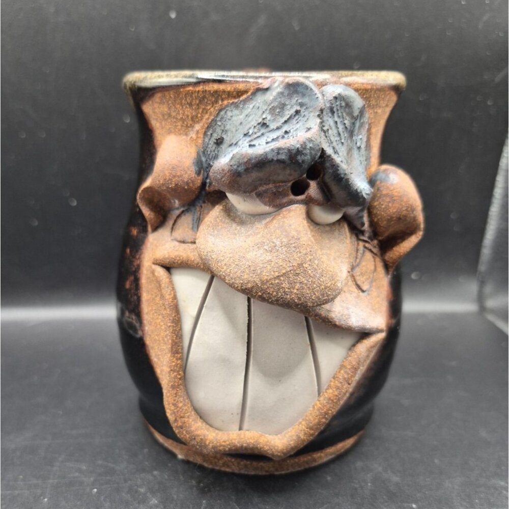 Handmade Ceramic Face Mug Sculpted Grinning Expression BlackBrown Pottery Coffee